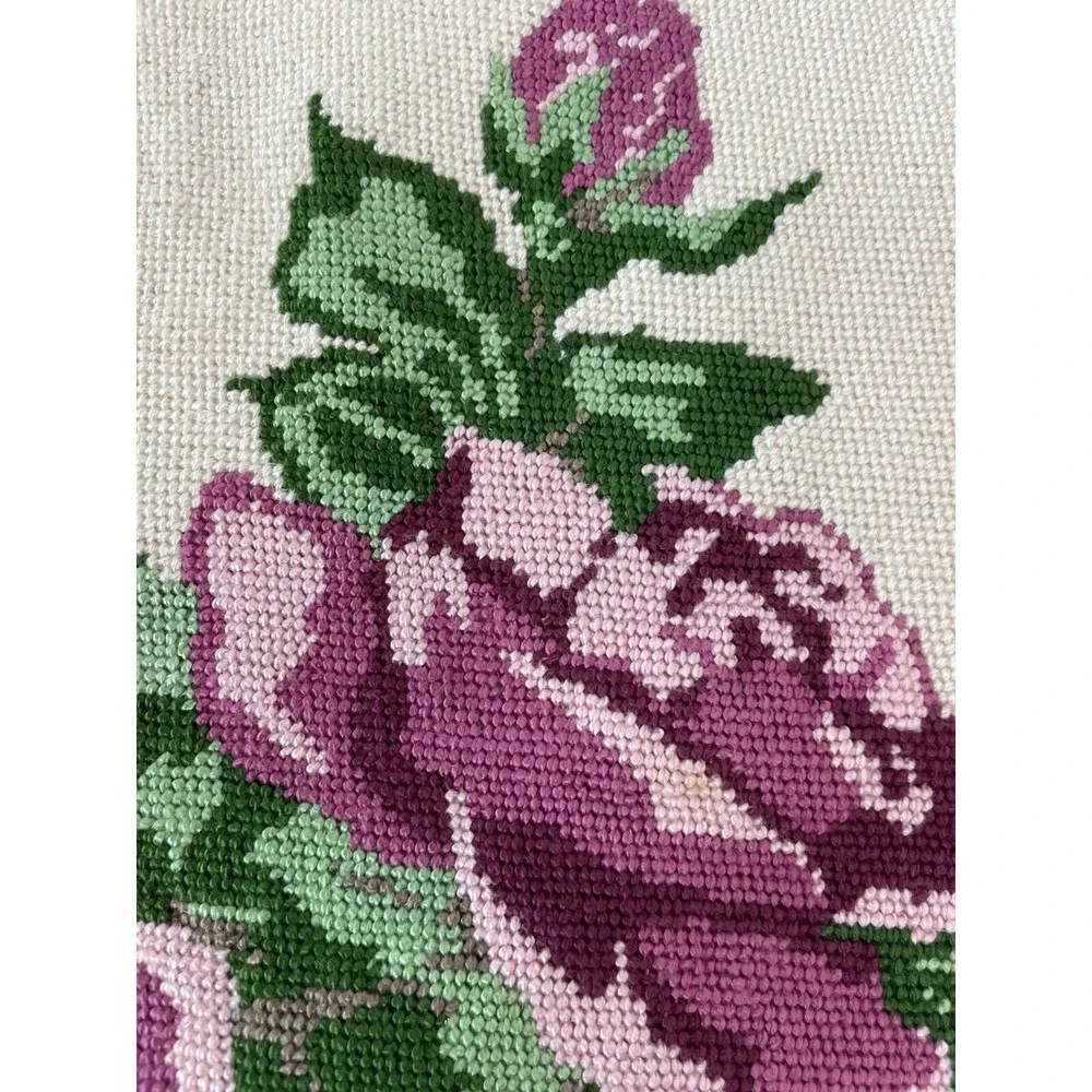 Vintage Needlepoint  13x13 Completed Unframed Pink Roses in Gold Vase‎